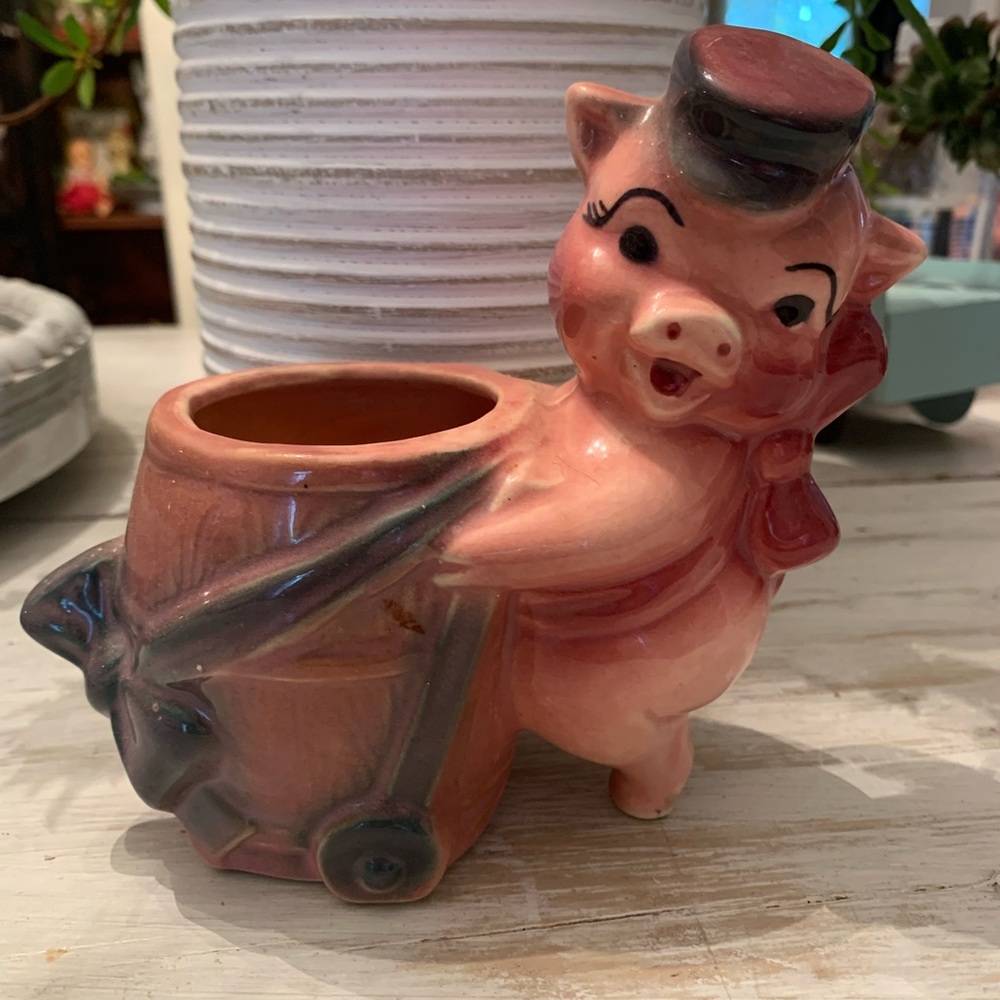 Pink Glazed Ceramic Pink Pig with Barrel Planter